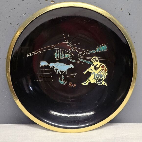 Vintage Jewish JERUSALEM Israel Metal Enameled Wall Plate Shepherd with sheep - Picture 1 of 7
